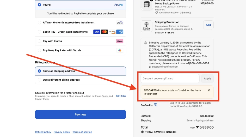 Can You Use Expired Coupons? 3 EcoFlow checkout showing discount code EF3CAFF5 rejected with the message "discount code isn't valid for the items in your cart"