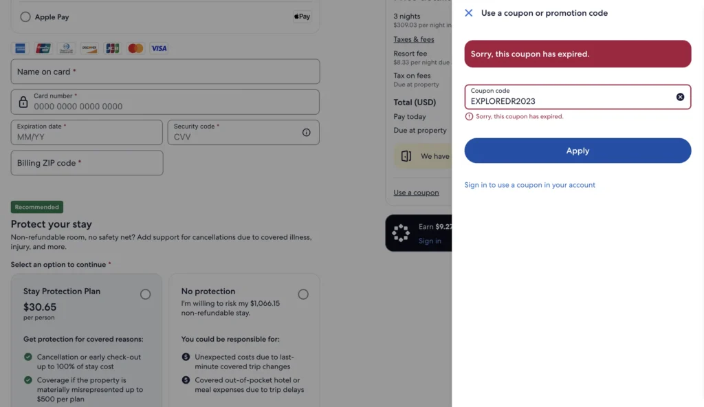 Can You Use Expired Coupons? 2 Expedia checkout showing coupon code EXPLOREDR2023 with the message "Sorry, this coupon has expired"