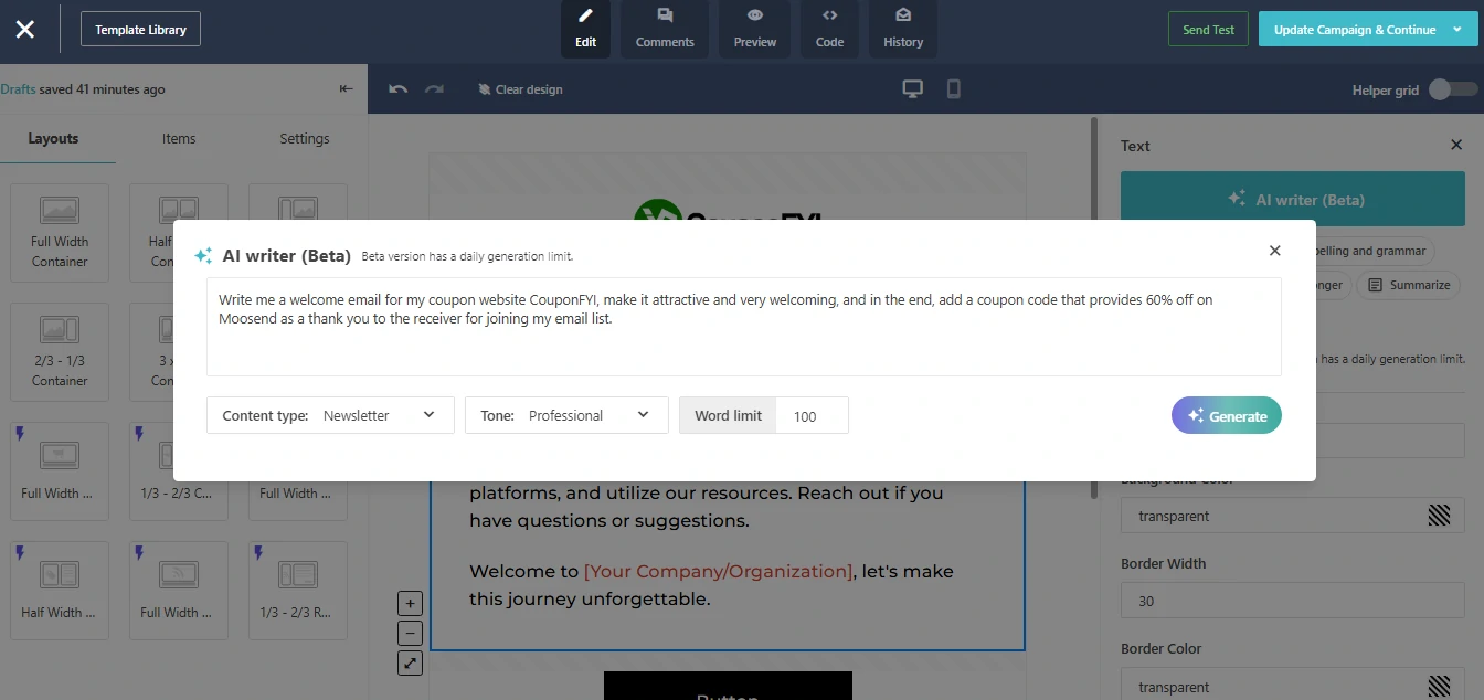 A prompt for Moosend AI writer (Beta) to write a welcome email