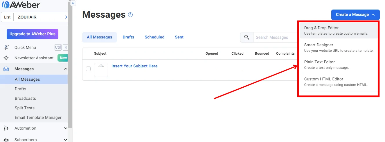 AWeber email creation options