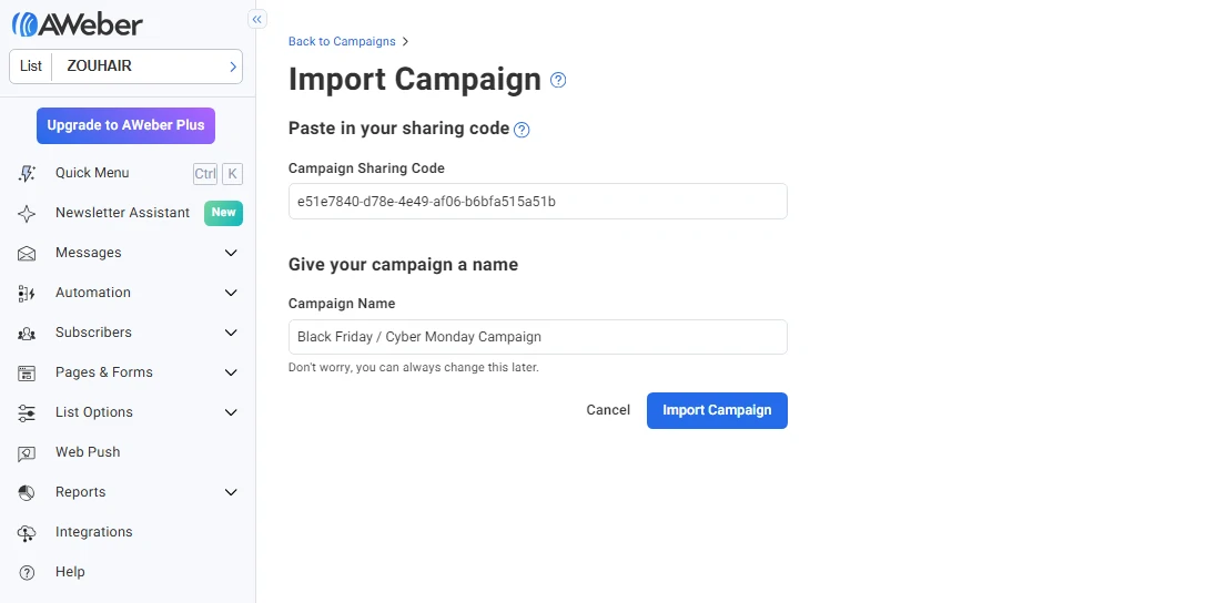 AWeber review Import Campaign