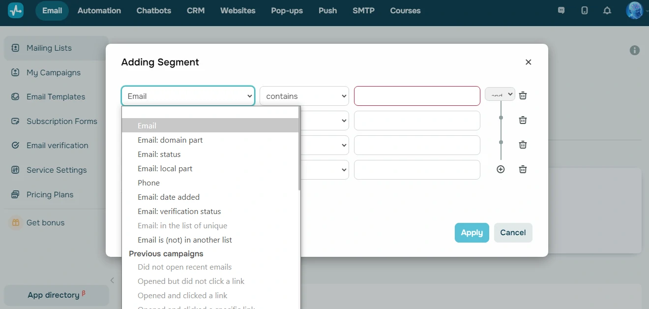 Adding a Segment on SendPulse