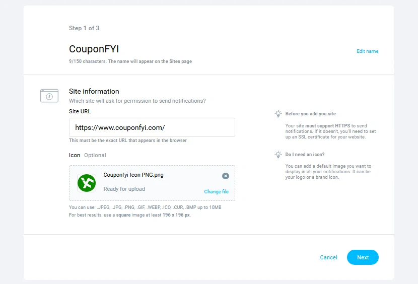 Adding site for Push Notifications feature on GetResponse