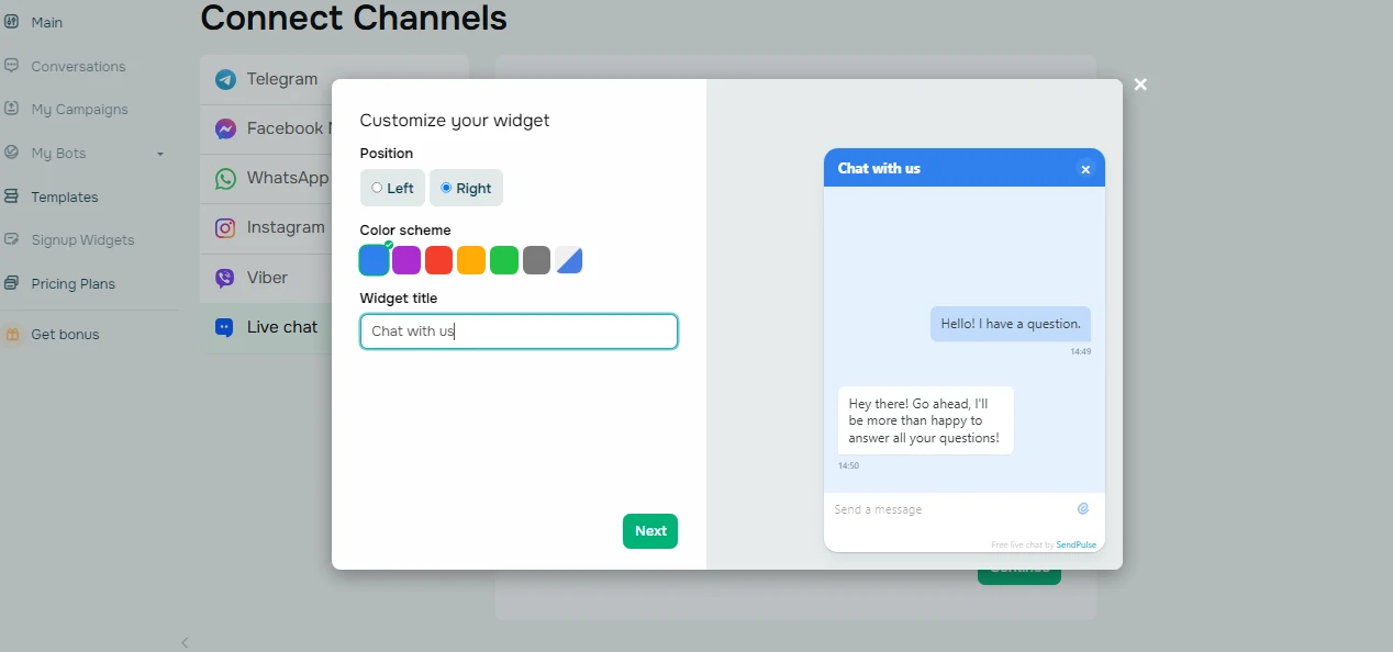Customizing the Chatbot widget on SendPulse