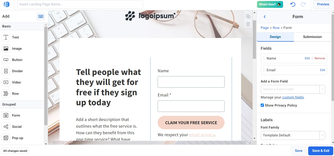 Form editing options in the AWeber landing page builder