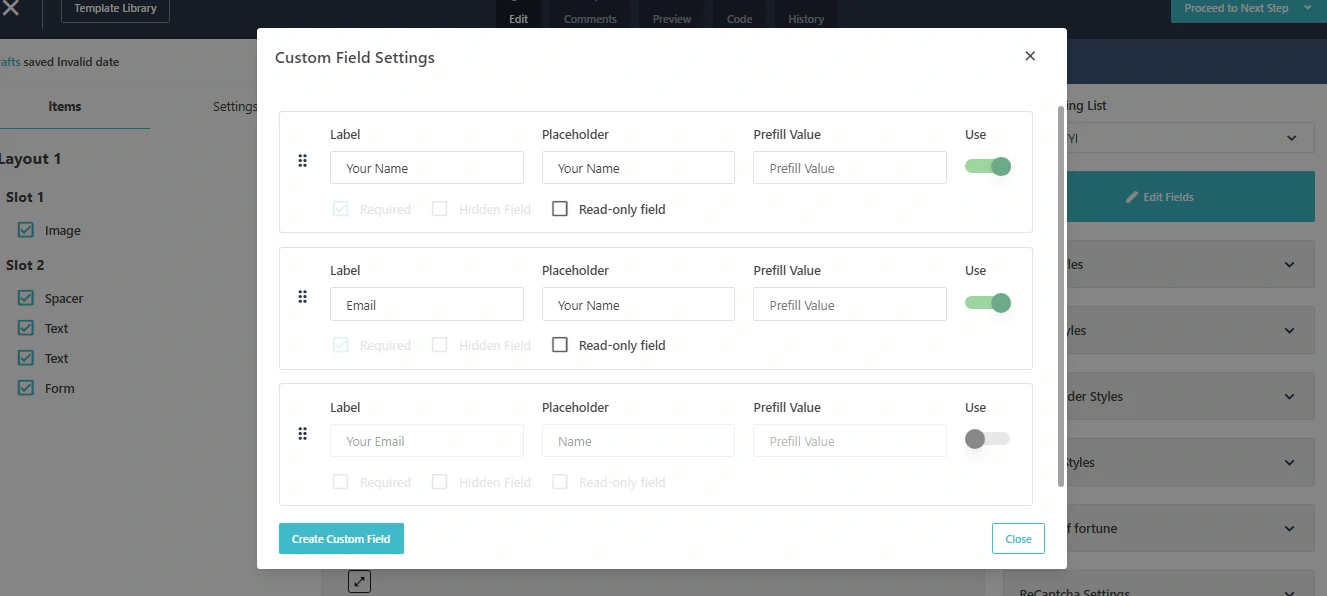 Moosend forms custom field settings