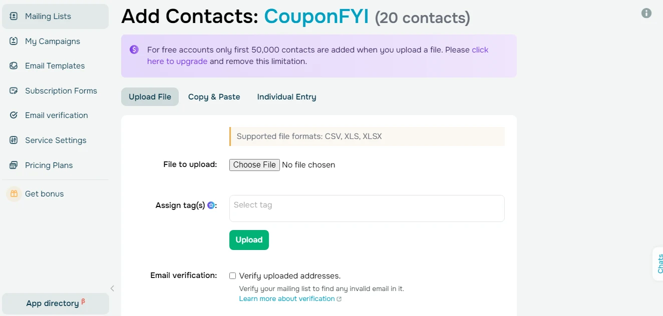 Options for adding Contacts to SendPulse