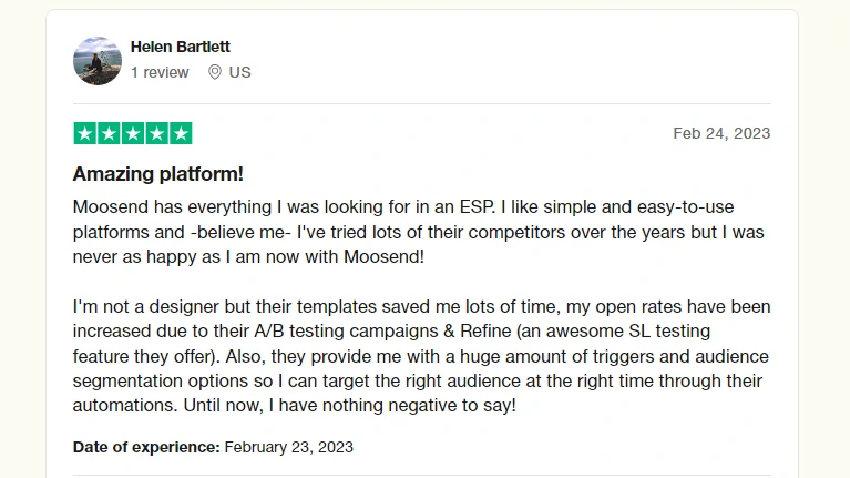 Positive Moosend Review from Helen