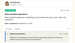 Positive SendPulse Review with 5 Stars from Andril