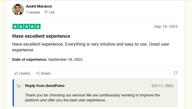 Positive SendPulse Review with 5 Stars from Andril