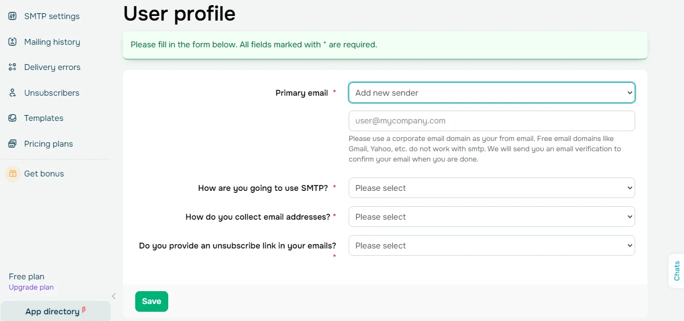 SMTP settings ON SendPulse