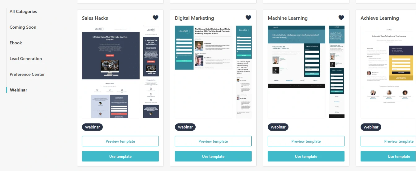 Screenshot of 4 ready landing page templates on Mossend