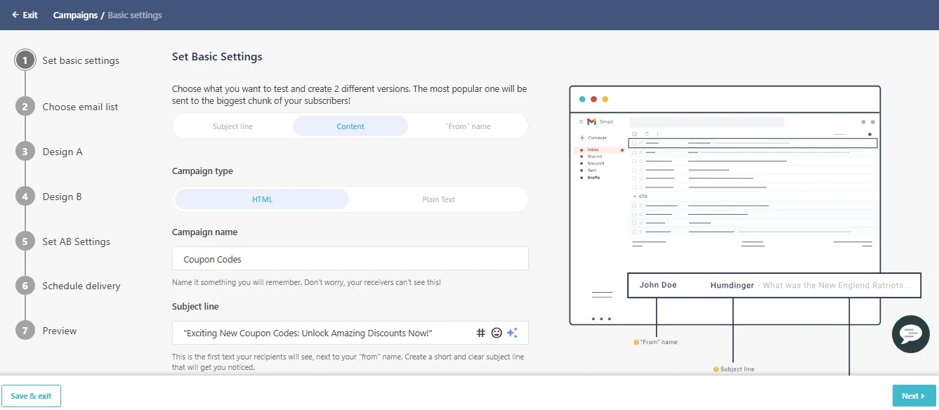 Screenshot of AB testing basic settings on Moosend