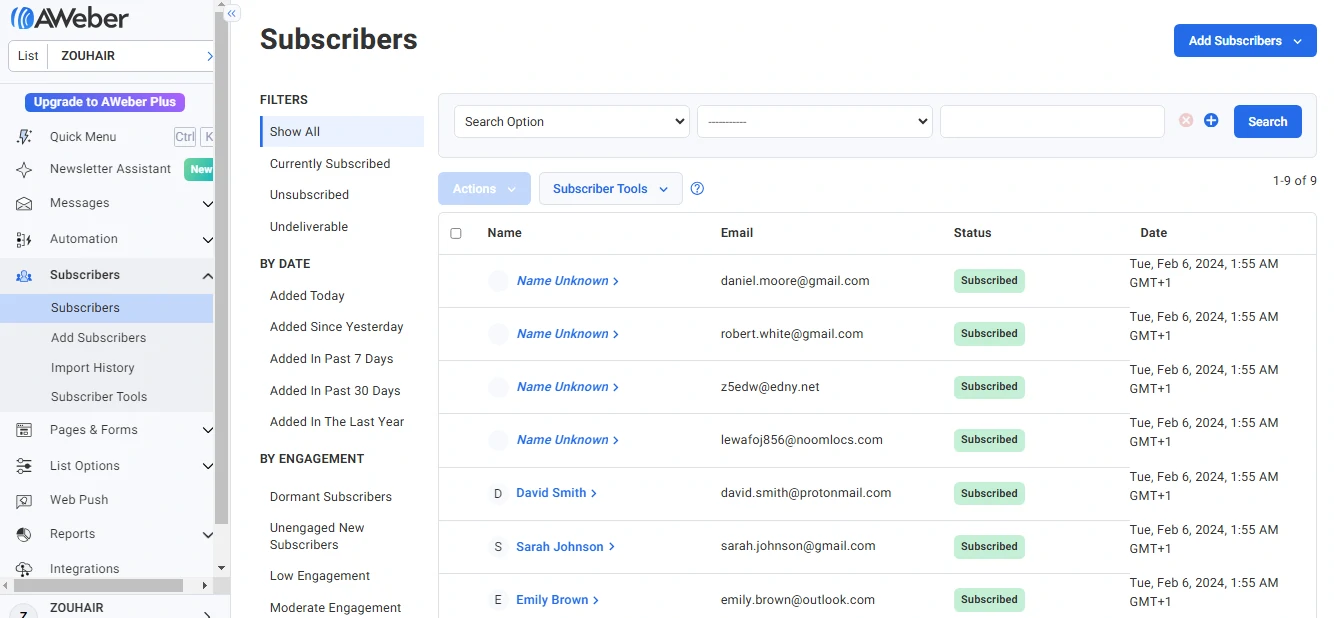AWeber List Management segmentation options