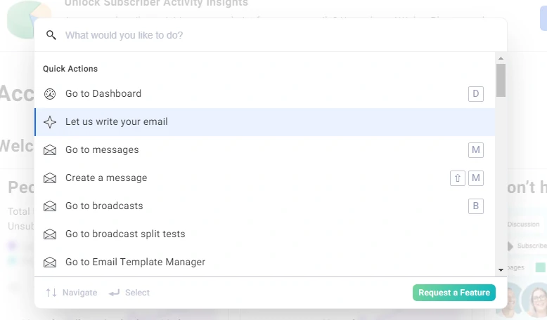 Screenshot of AWeber Quick Menu feature