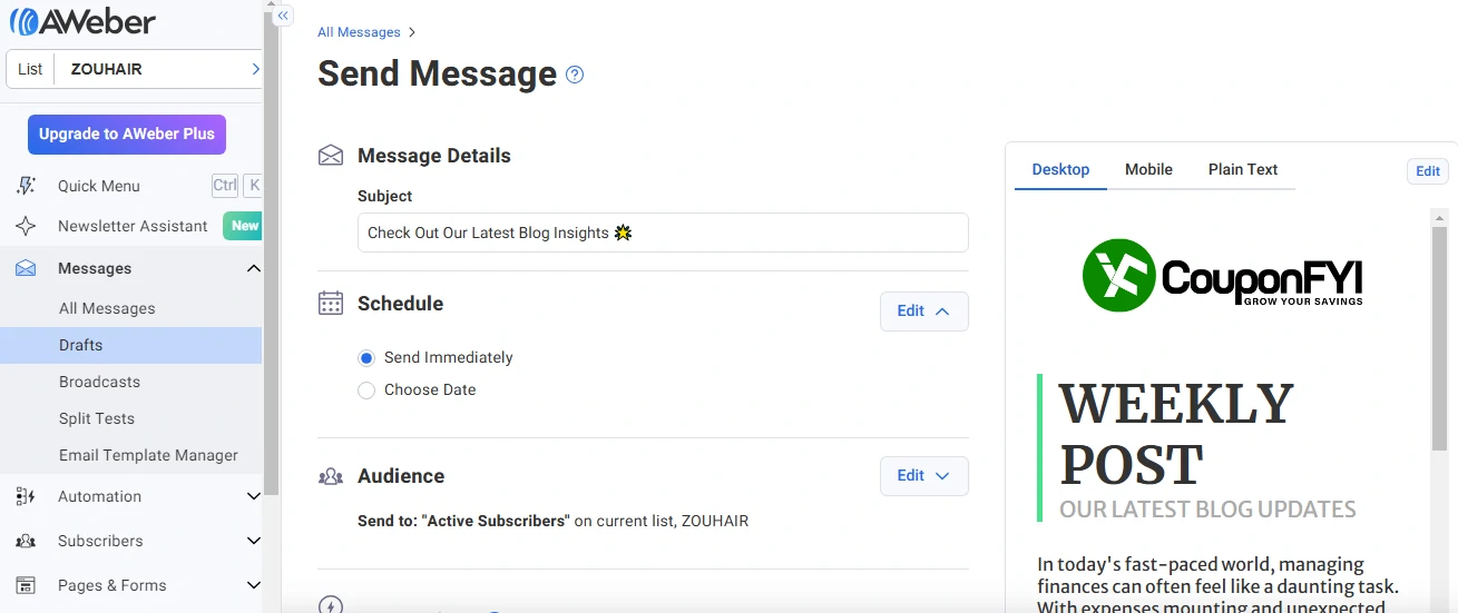 Screenshot of AWeber email sending options