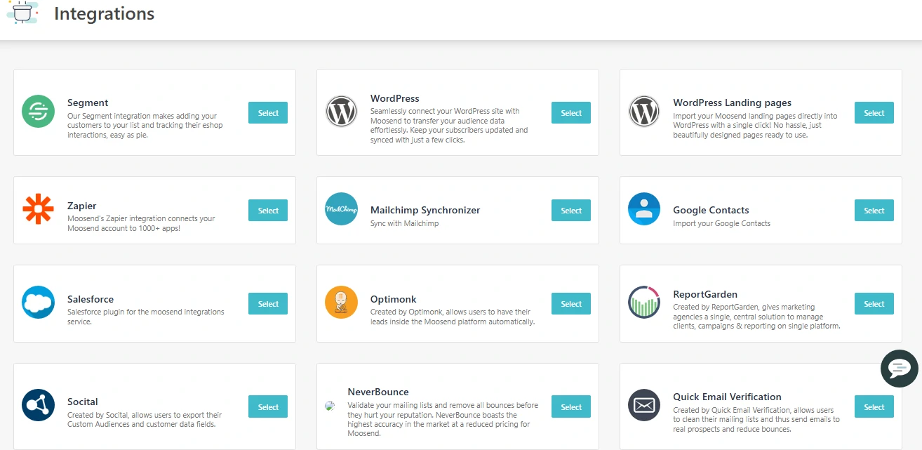 Screenshot of Moosend Integrations
