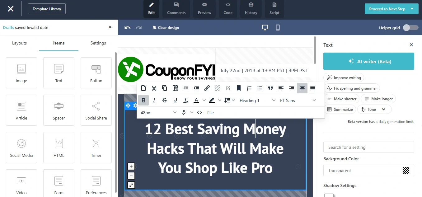 Screenshot of Moosend landing page Drag and drop editor