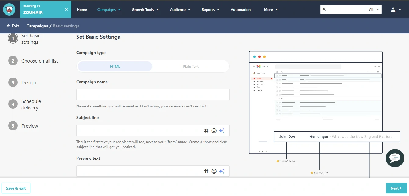 Screenshot of Moosend's email campaign creation process, showing basic settings.