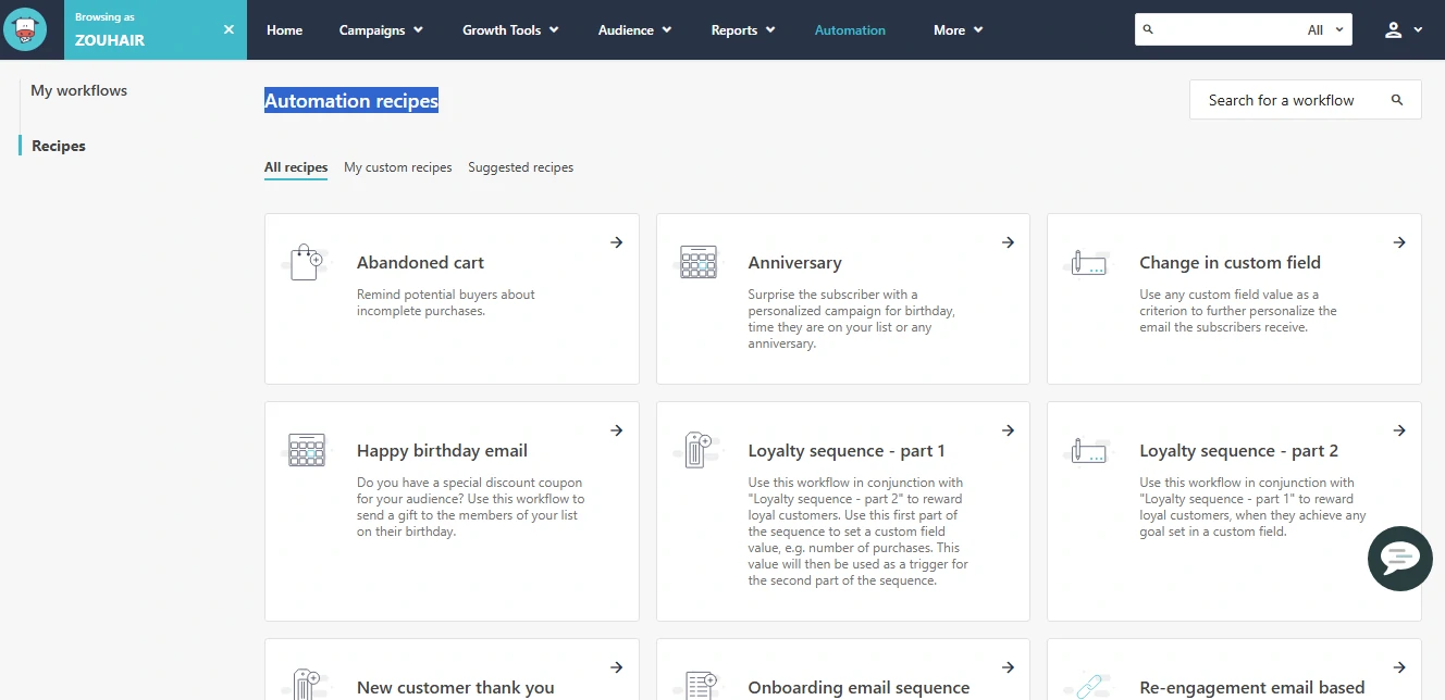 Screenshot of some pre-built automation templates Moosend provides