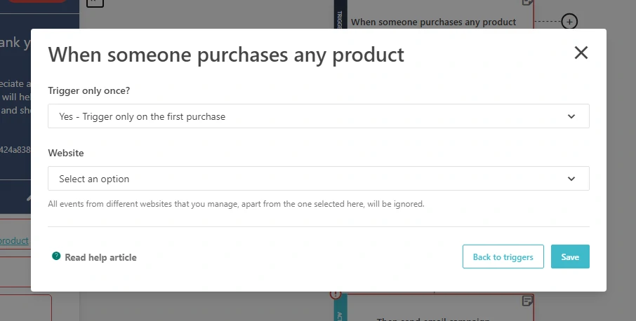 Screenshot of when someone purchases any product trigger on Moosend