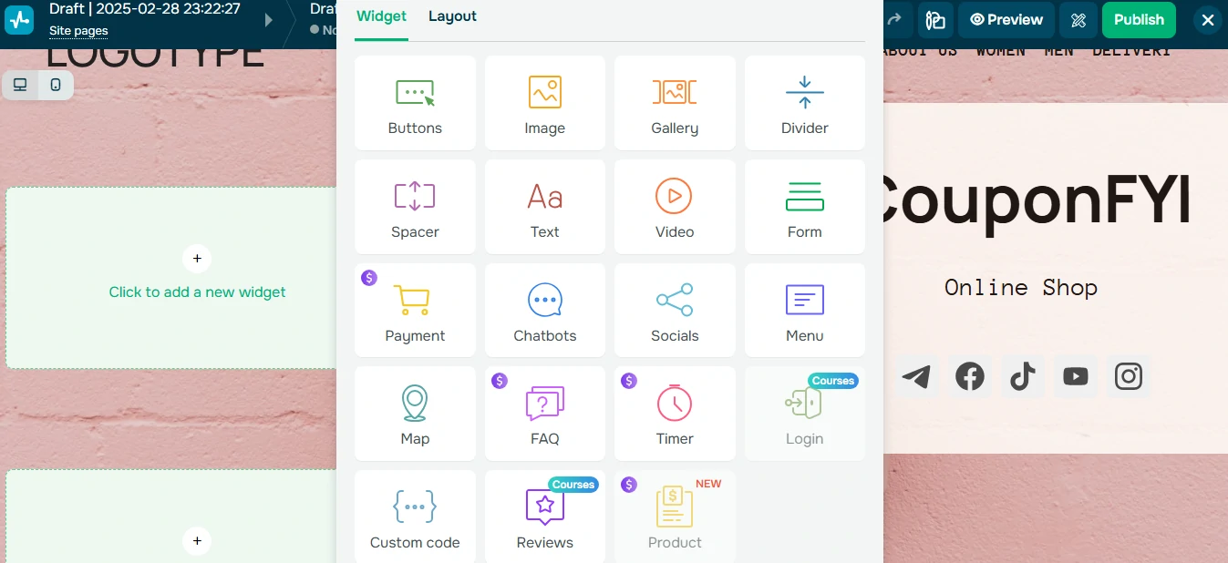 SendPulse website builder Widgets