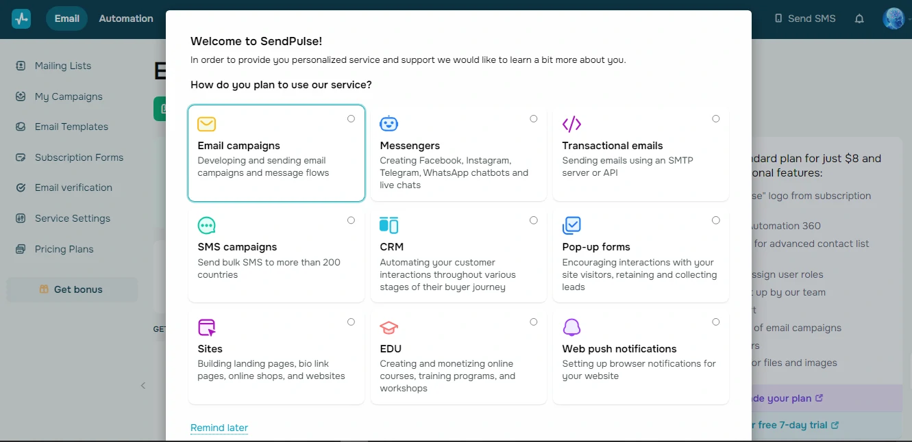 SendPulse Welcome Setup