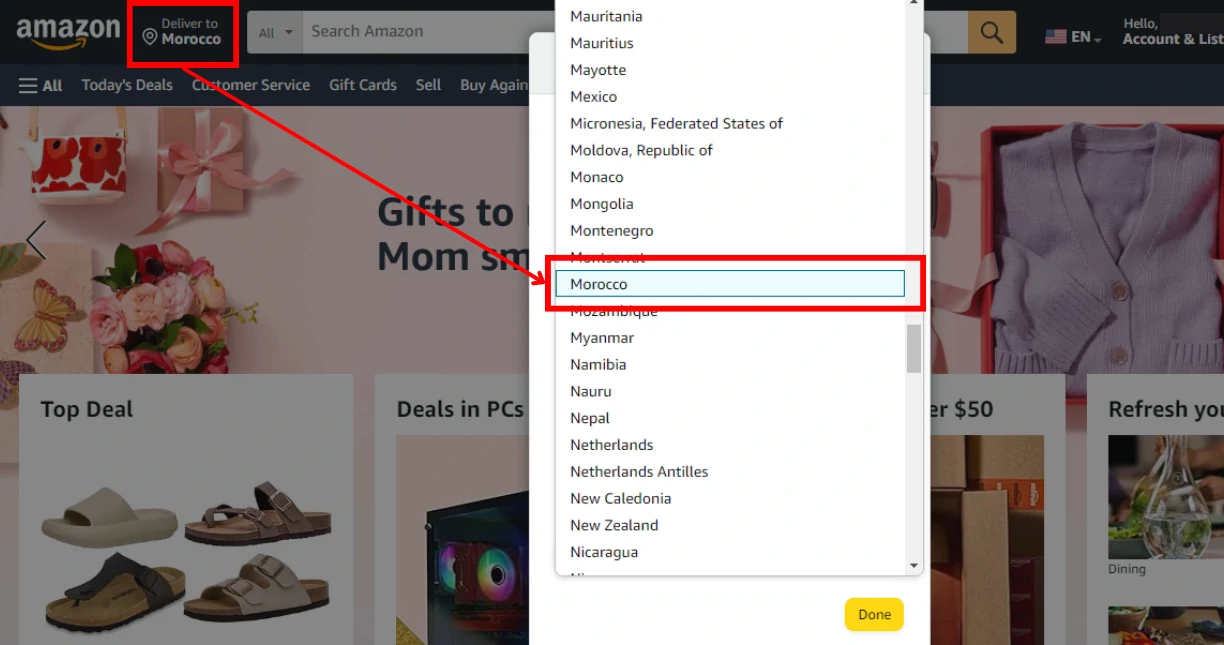 Amazon delivery address - select Morocco
