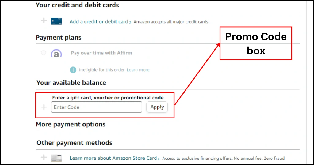 Amazon promotional code box