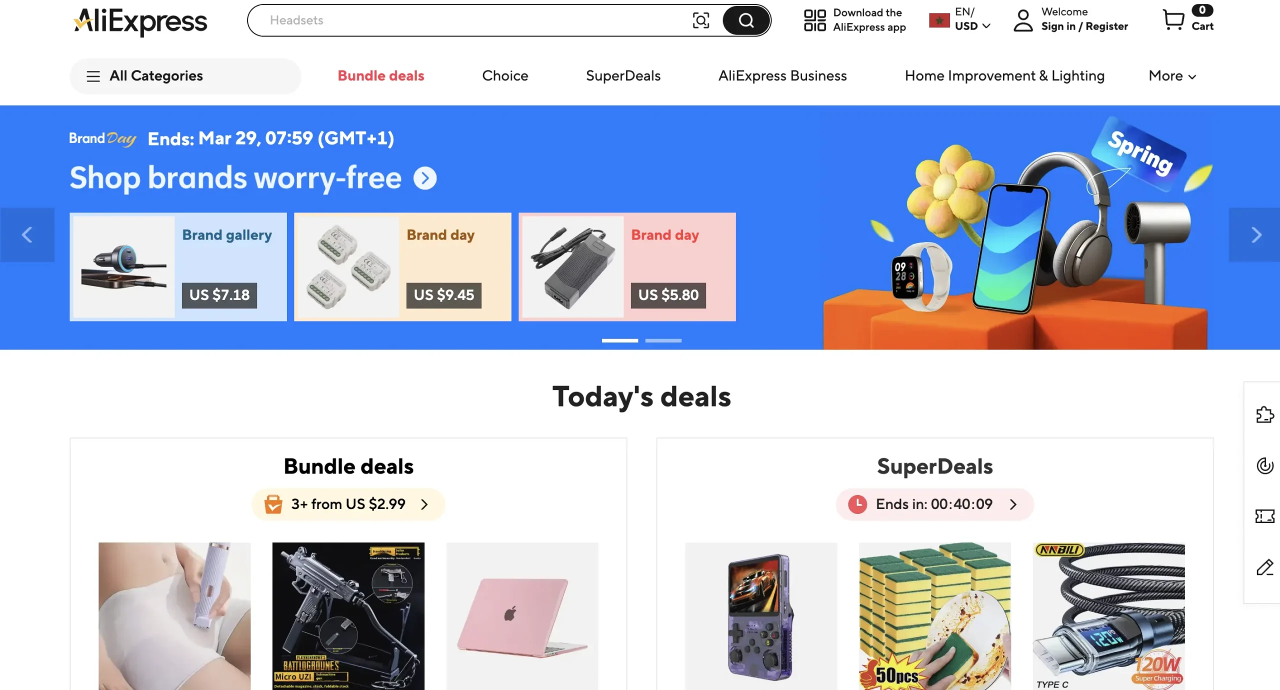 AliExpress homepage 2026 showing Brand Day, Shop brands worry-free banner, Bundle deals and SuperDeals sections