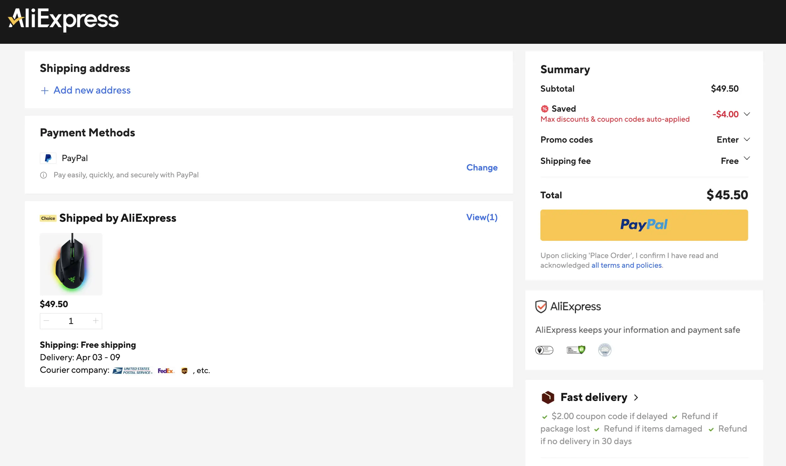 AliExpress checkout page after applying coupon code showing $4.00 discount auto-applied bringing total from $49.50 to $45.50 with free shipping and PayPal