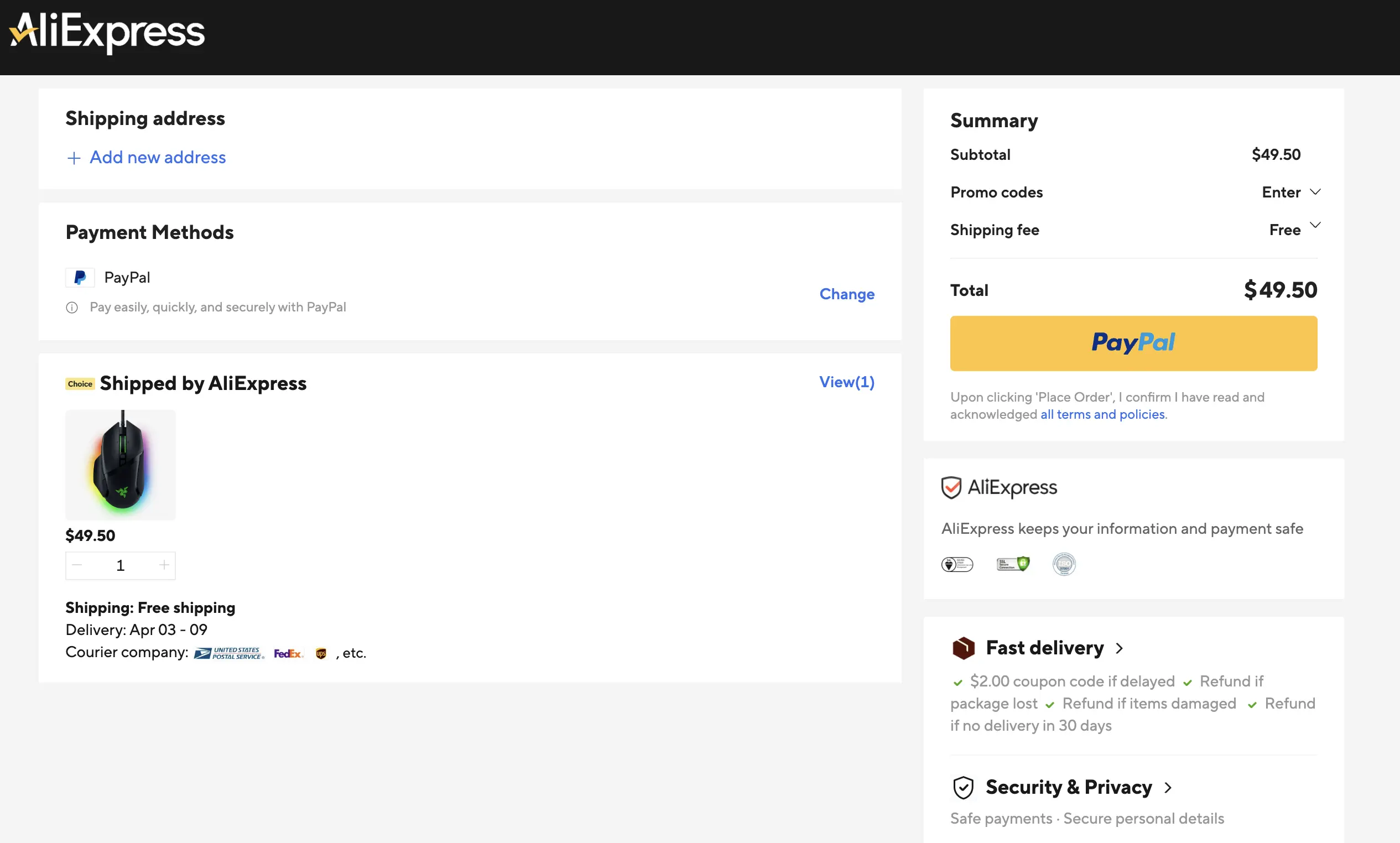 AliExpress checkout page before applying a coupon code showing $49.50 total with PayPal payment option and AliExpress buyer protection badges