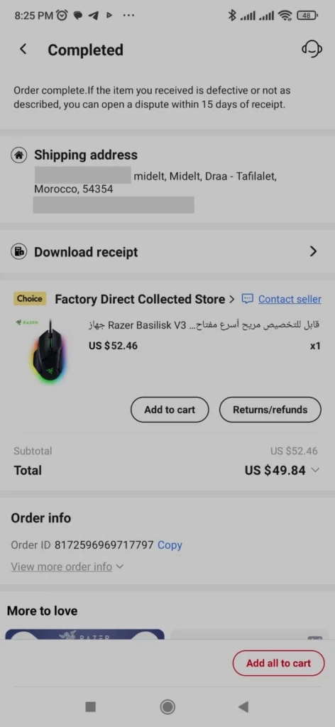 AliExpress completed order screenshot showing Razer Basilisk V3 purchased for US $49.84 delivered to Midelt Morocco with Order ID 8172596969717797 from Factory Direct Collected Store