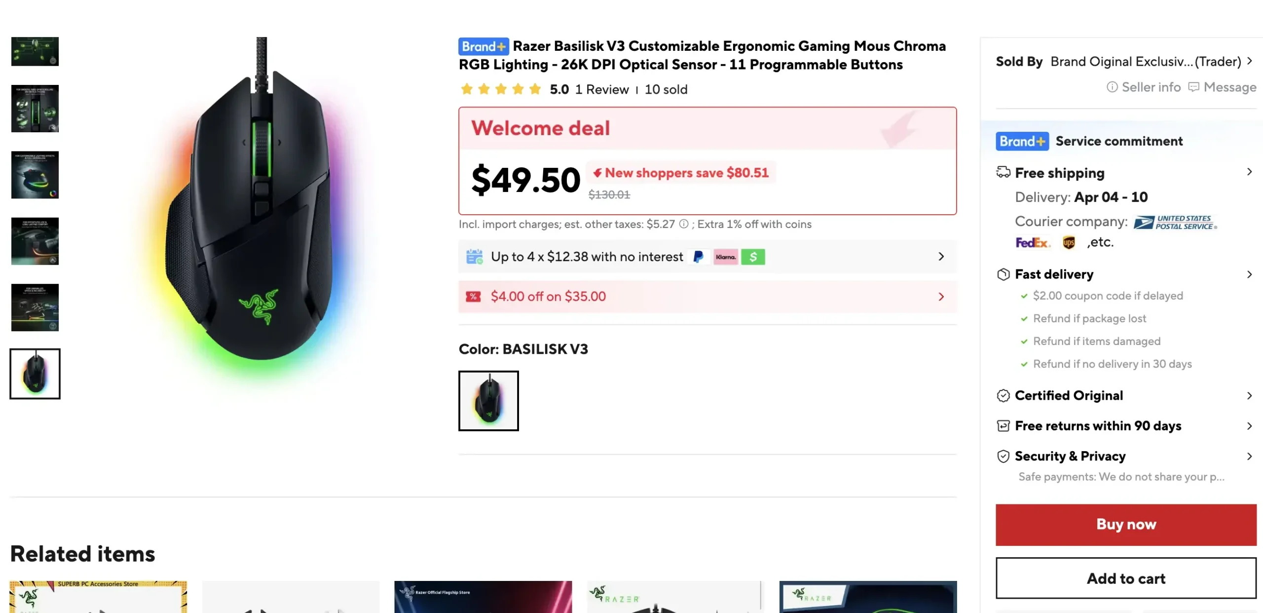 AliExpress product listing page for Razer Basilisk V3 gaming mouse showing $49.50 welcome deal price, Brand+ badge, Certified Original, and free returns within 90 days