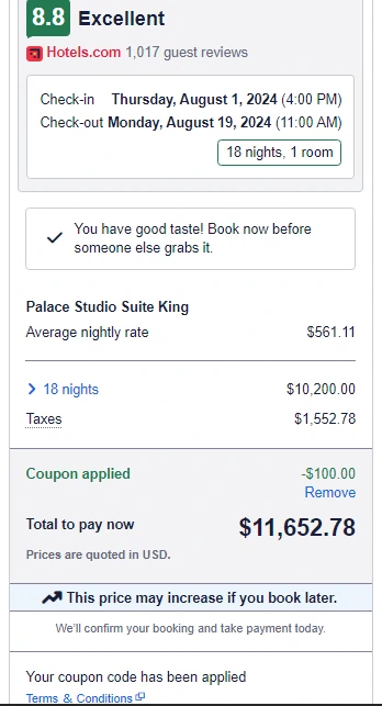 $100 off booking at Hotels.com