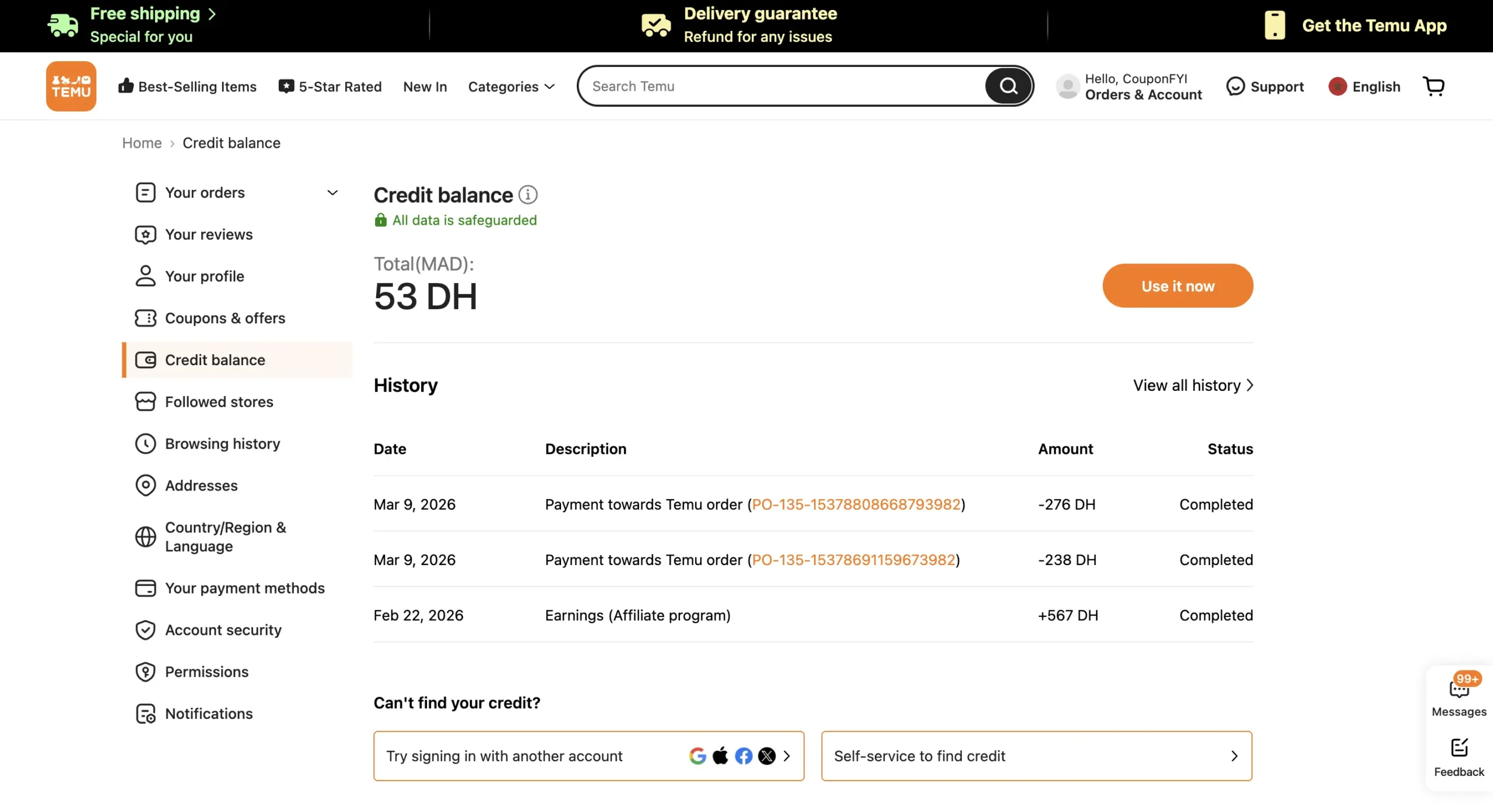 567 DH earned affiliate credits screenshot