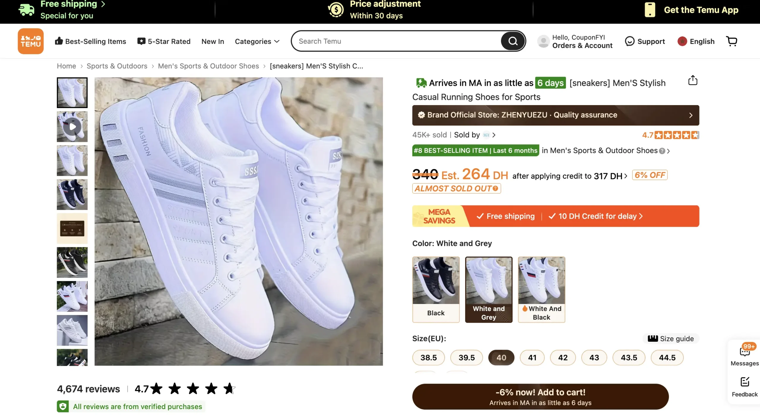 ZHENYUEZU sneaker listing 45K sold 4.7 star 340 DH