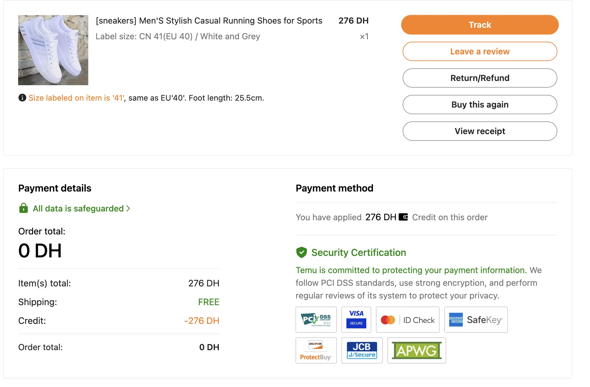 Sneaker receipt 276 DH affiliate credit 0 DH paid PCI DSS