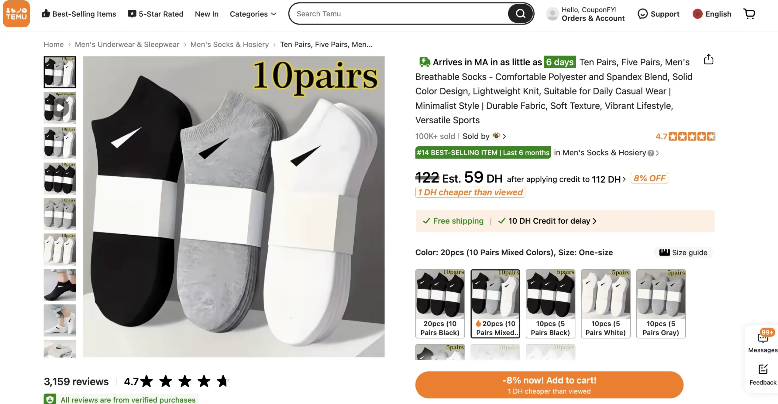 20-piece socks listing 100K sold 4.7 star 122 DH