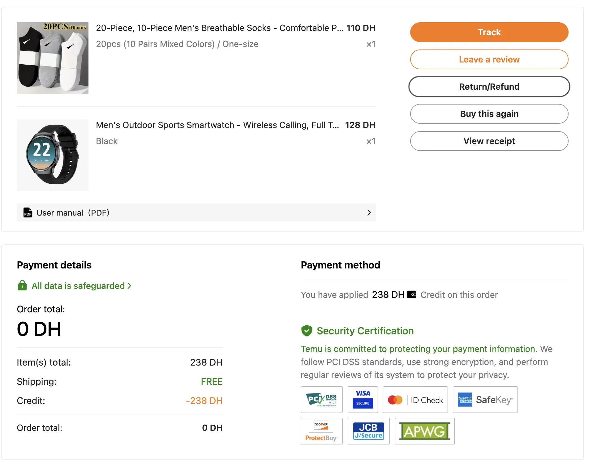 Smartwatch socks receipt 238 DH credit 0 DH paid PCI DSS