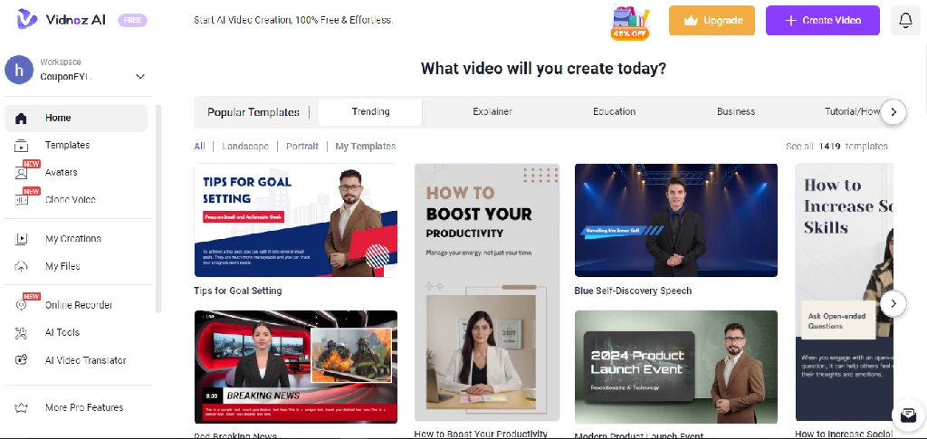 Vidnoz Coupon: Extra 10% Off Sitewide 2 Vidnoz Dashboard