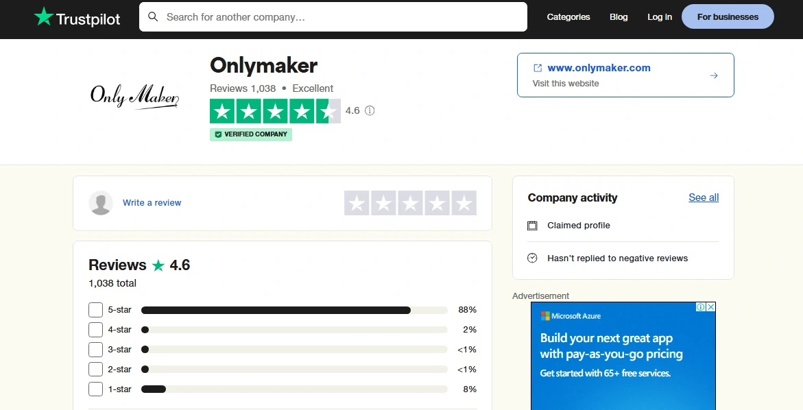 Onlymaker Trustpilot rating