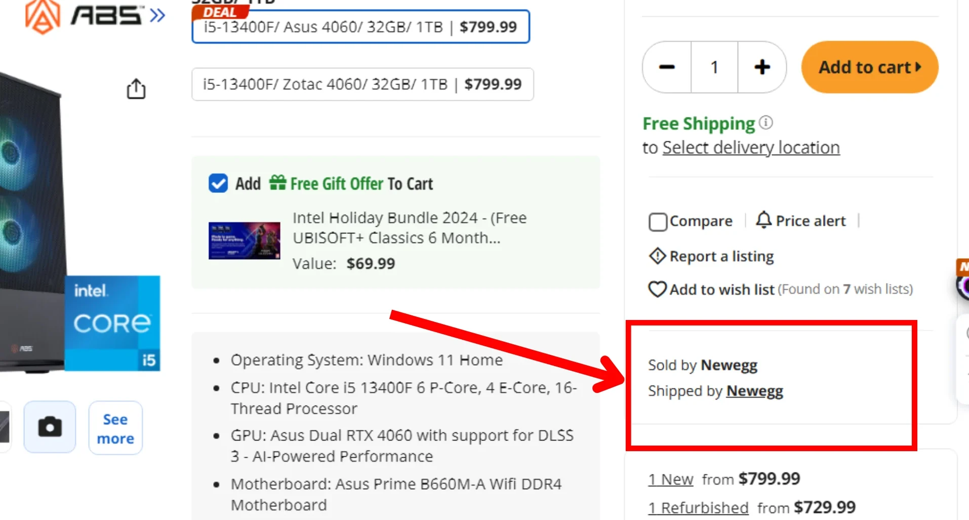 Screenshot of a product sold and shipped by Newegg