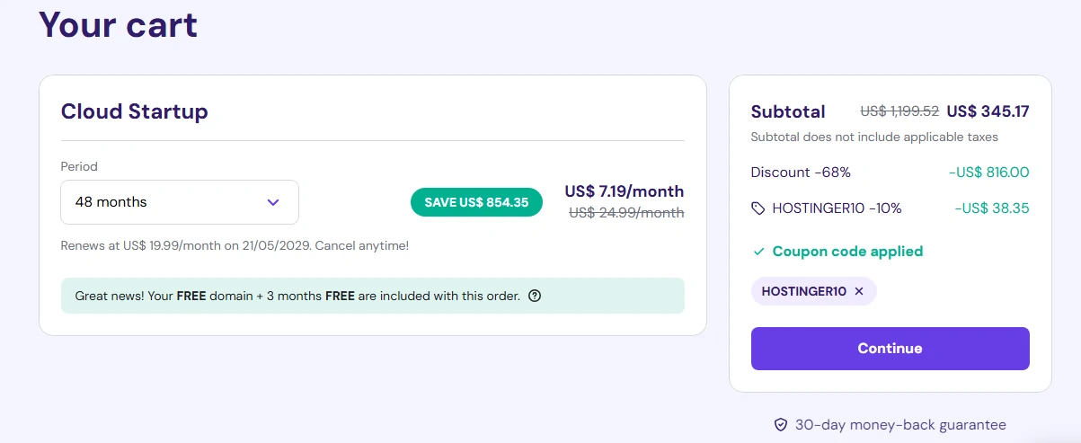 Hostinger Coupons: Save 75% + 3 months for free 1 10% off discount code on cloud startup