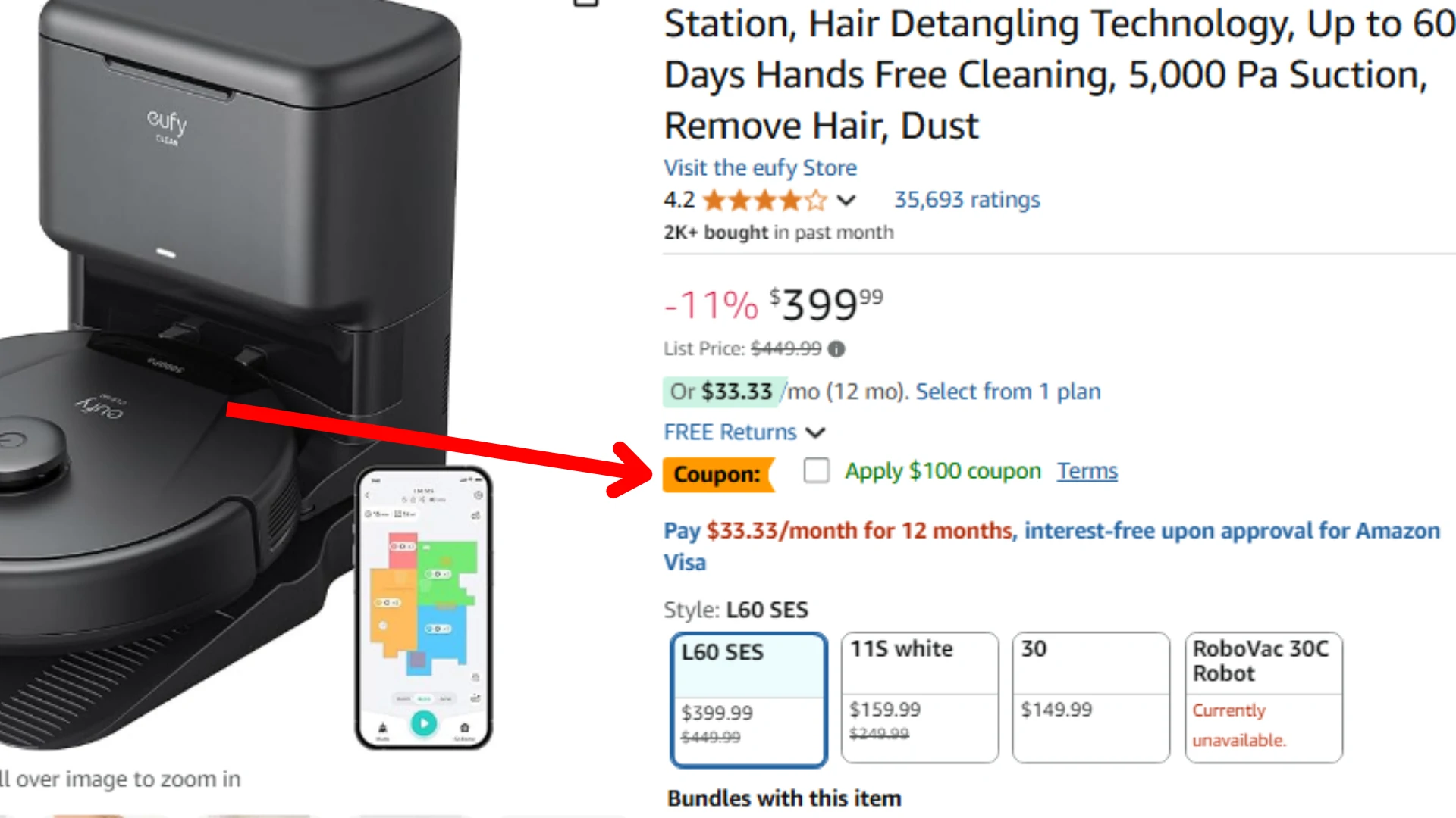 $100 off coupon on a product on Amazon