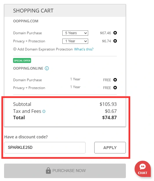 Shopping cart on Domain.com showing 25% discount applied with code SPARKLE25D, reducing the total from $105.93 to $74.87.