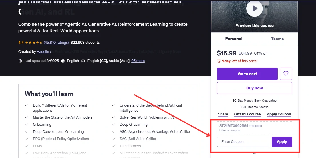 Udemy Discount Code: Up to 80% Off on Any Course 1 Coupon code ST21MT30625G1 applied in the promotions box on Udemy, reducing the course price to $15.99