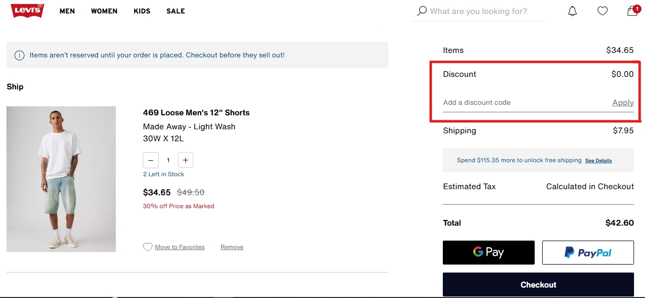 Levi.com promo code box