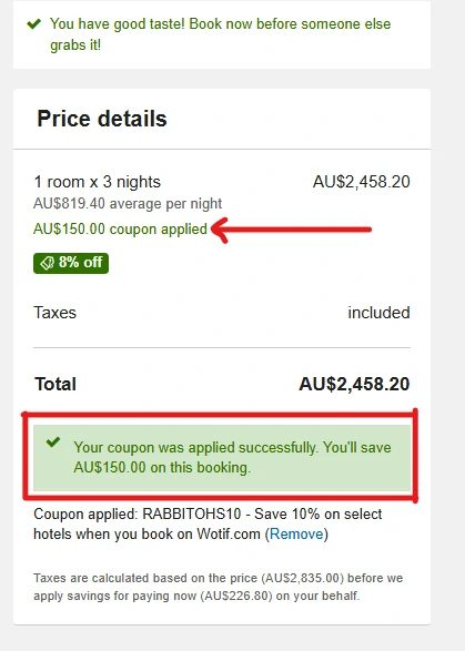 AU$150 off booking at Wotif.com