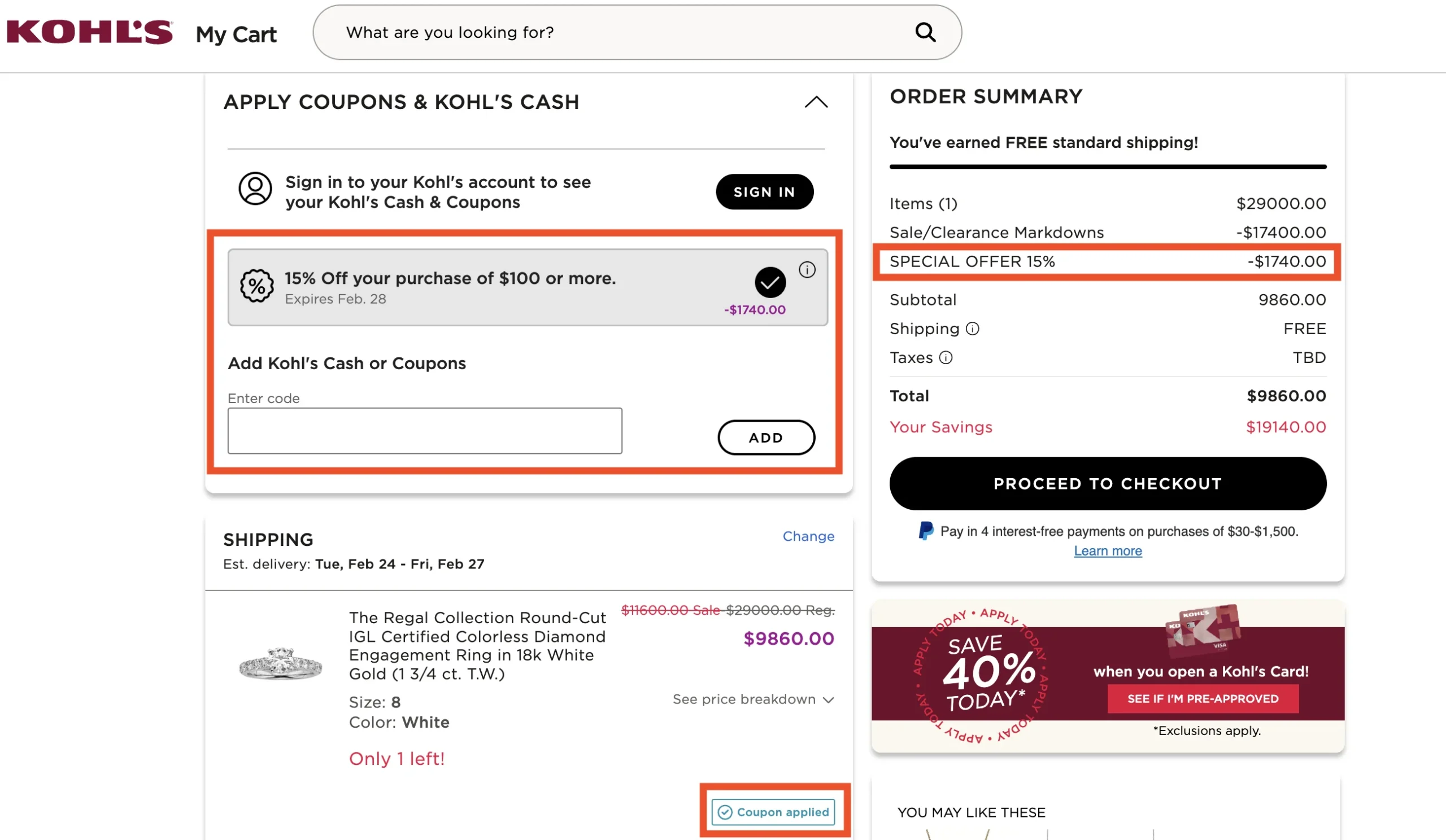 15% off at Kohl's